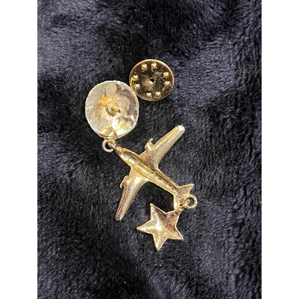 Vintage Gold Tone Earth, Airplane & Star Dangle Pin / Tie Tack Approx. 2.25 